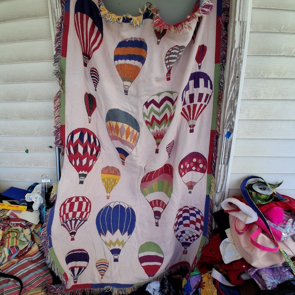 Vintage Woven Hot Air Balloon Rainbow Tapestry Throw Blanket Fringed Multi Color